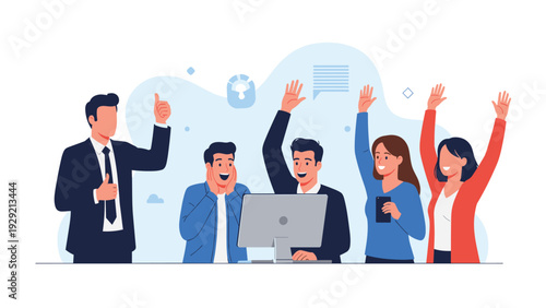 Enthusiastic group of young business professionals cheering and celebrating a successful project completion in front of a computer monitor.