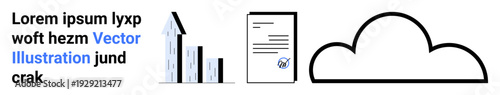 Business analytics, digital verification, cloud storage, technology, data , online services. Bar chart, document with a checkmark and cloud icon. Business analytics and digital verification theme