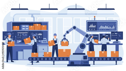 Modern industrial warehouse where human workers and an automated robotic arm collaborate to manage logistics and package shipments.