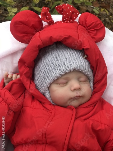 Fotografie Realistic reborn baby doll sleeping outdoors in red winter snowsuit and knitted