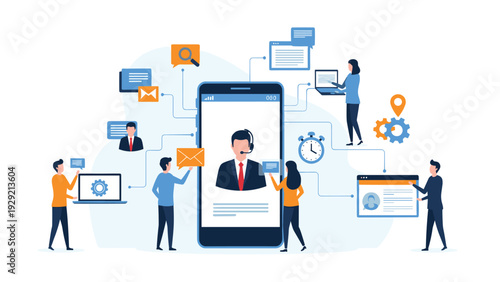 Customer support representative assistant helping diverse people via mobile phone application with online chat and email.