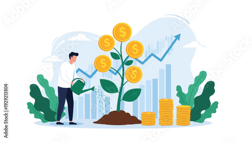Investor watering a plant with gold coins growing on branches symbolizing financial investment and profit growth.
