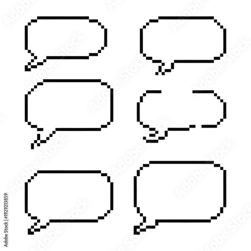 Pixelated Speech Bubbles: A collection of simple pixelated speech bubbles, ideal for adding a touch of digital flair to your designs and conveying thoughts, dialogue, or messages.