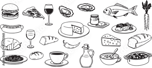 Black and white line art collection of various food and drink vector illustrations.
