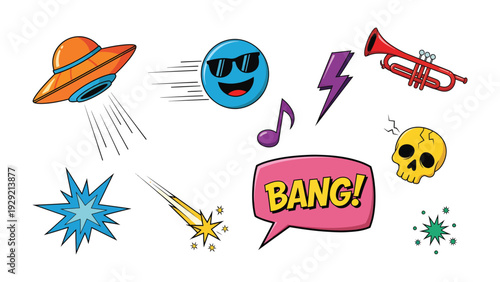 Pop Art Collection: A vibrant compilation of pop art elements explodes with creative expression, featuring a whimsical UFO, a cool emoji with sunglasses.
