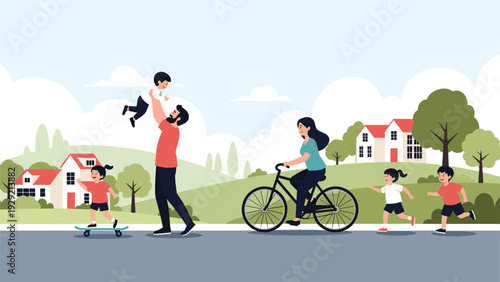 Happy family with children playing outdoors in a green park with houses trees and recreational activities together.