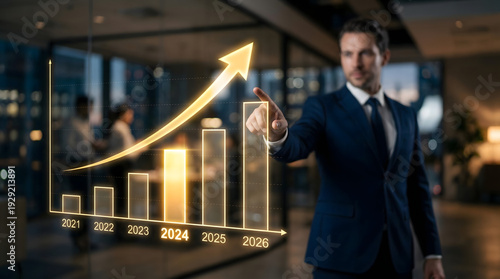 Business Professional Pointing at Upward Growth Arrow Highlighting Year 2026 on Financial Chart for Future Planning Timeline and Long Term Strategy Concept