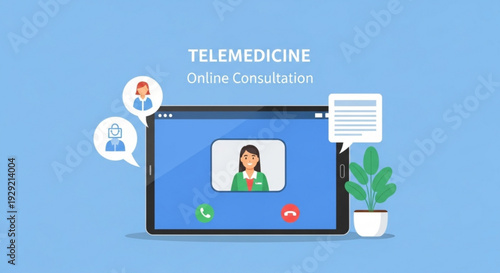 Telemedicine online consultation on a tablet with doctor and patient icons