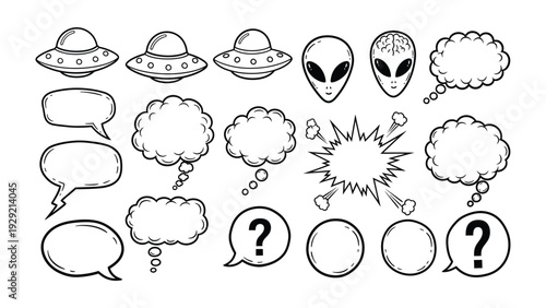 Extraterrestrial Elements: An artistic composition of alien heads, thought bubbles, and spacecrafts, exuding an intergalactic essence and mystery. 