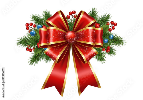 Beautiful christmas bow with pine branches and red berries on a transparent background.