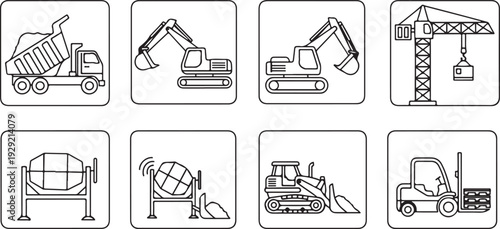Construction vehicles and equipment icons outline art building industry isolated on white background