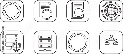 Data Flow Icons Set: Circular Arrows Document Refresh Server Security Global Network Team Collaboration Isolated on white background