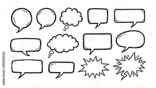 Conversation Bubbles: A variety of hand-drawn conversation bubbles, perfect for illustrating dialogue, thoughts, and ideas, offering a versatile visual element.