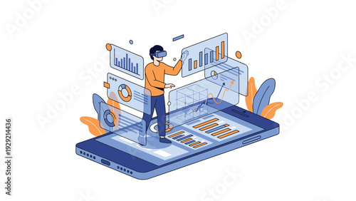 Person using virtual reality glasses to analyze interactive digital charts and data graphs on a large smartphone.
