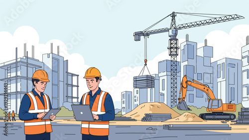 Engineers in helmets and safety vests using laptop and tablet to monitor construction progress at building site.