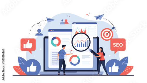 Marketing team analyzing SEO and website traffic data on a large computer screen for effective business growth strategy.