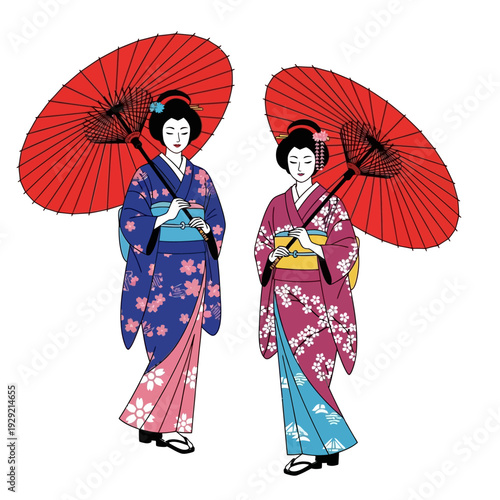 Two geisha women in traditional kimonos holding red umbrellas, Japanese art style