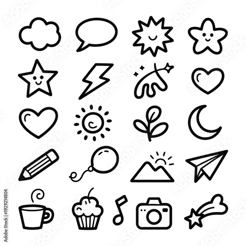 Whimsical Sketch Icons: A delightful assortment of hand-drawn icons that are perfect for adding a touch of playful charm to any creative project. These simple yet endearing illustrations.