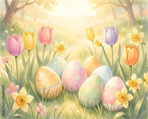 Colorful Easter eggs are nestled among blooming tulips and daffodils in a sunlit meadow, showcasing a vibrant spring landscape filled with flowers