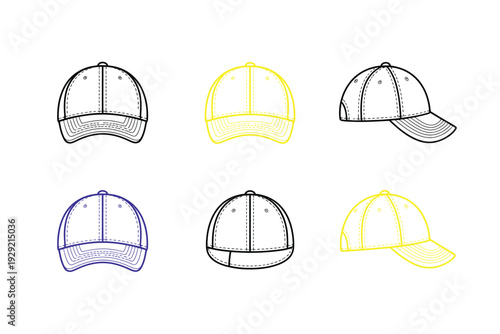 A set of baseball cap vector illustrations in different angles and positions