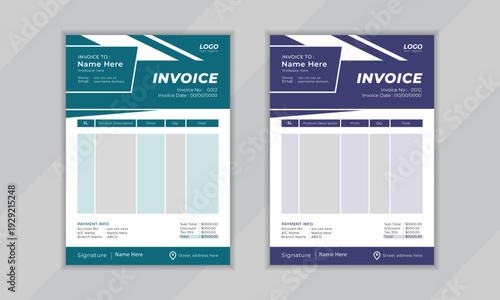 Modern invoice template with two color options, teal and purple, for business and finance documentation.