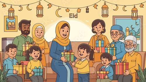 Happy Muslim family celebrating Eid and exchanging gifts.