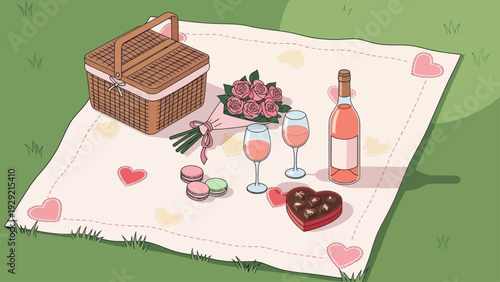 A delightful romantic picnic spread with wine, flowers, and chocolates on a heart-patterned blanket.