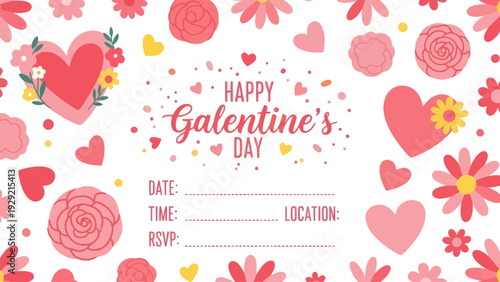 Happy Galentine's Day invitation with hearts and flowers