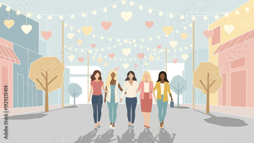 Five diverse women friends walking together in a decorated pastel city street.