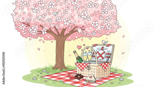 Cute Cartoon Spring Picnic under Cherry Blossom Tree