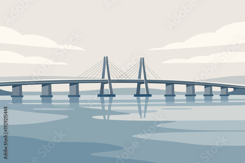 Modern River Bridge Connecting Two Shores Flat Illustration