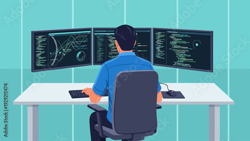 Programmer working on multiple monitors with charts and code