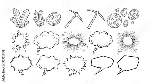 Mining and Comic Elements in a Line Art Style: A collection of various hand-drawn line art elements, featuring crystals, pickaxes, asteroid, and speech bubbles, perfect for comics or graphic resource.