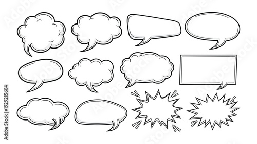 Comic Conversation Bubbles: A collection of diverse comic book speech bubbles, rendered in a dynamic grayscale, ready to convey a myriad of thoughts and expressions.