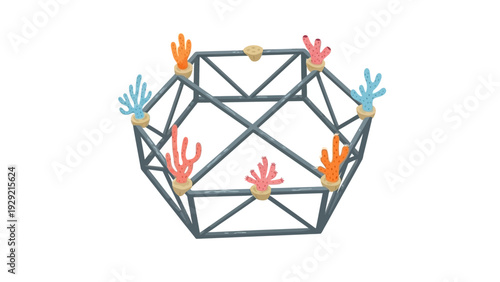 Artificial coral reef structure with colorful marine life.