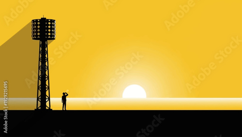 Sunrise silhouette with communication tower and person on minimalist landscape