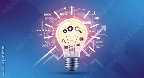 Innovative idea light bulb with gears magnifying glass and infographic elements on blue background