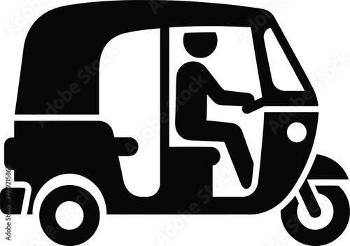 Tuk tuk taxi driver rides through city streets in a three wheeled vehicle