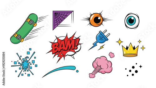 Comic book design elements collection: A vibrant collection of comic book elements, full of energy and dynamism, captures the playful and expressive spirit of comic art.