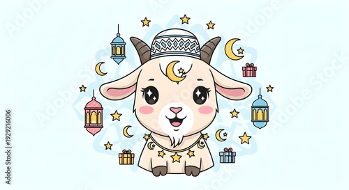 Cute Eid al-Adha goat illustration, cartoon sheep wearing kufi hat for Islamic holiday, festive qurban animal with lanterns and stars