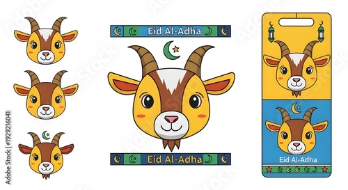 Eid Al Adha goat character collection, cute cartoon sheep head illustrations for Islamic holiday, religious festival greeting card elements