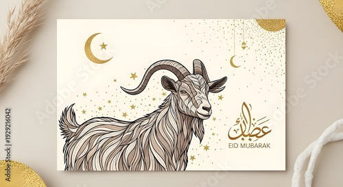 Eid Mubarak greeting card with artistic goat illustration, Islamic holiday celebration banner with crescent moon and stars, elegant gold and cream invitation