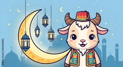 Eid al-Adha cartoon goat character, cute Islamic festival illustration with crescent moon and lanterns, festive ram in traditional fez hat