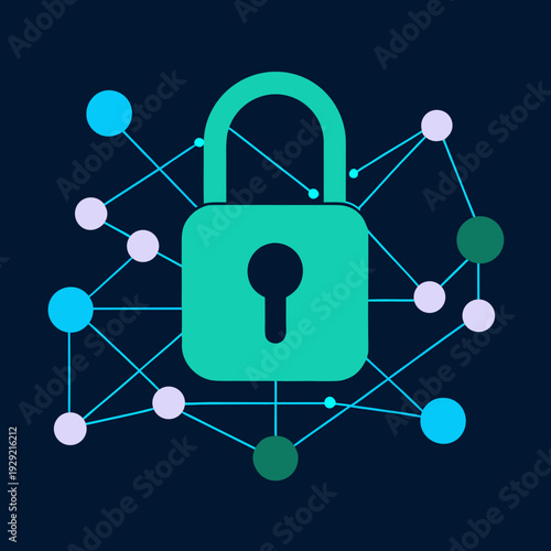 Data privacy concept with illuminated padlock and network connections vector illustration