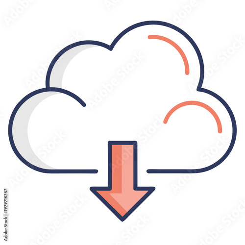 Cloud download icon with downward arrow, flat outline illustration representing data transfer, cloud storage service, file download, and internet technology