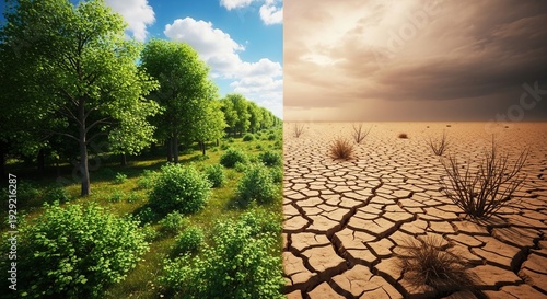 Split Image Showing Lush Green Forest and Dry Cracked Desert Landscape before and after contrast