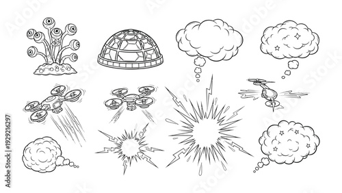 Fantasy Elements and Sci-fi Collection: An array of fantastical elements, including alien plants, thought bubbles, energy bursts, and flying drones.