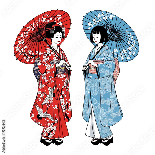 Two Geishas in Traditional Kimonos with Umbrellas, Red and Blue Floral Patterns