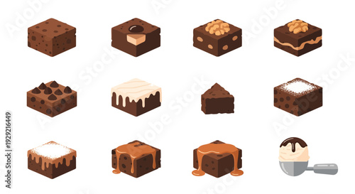 Brownie Vector Icons Set: Assorted Chocolate Brownies with Toppings, Caramel, Walnuts, and Ice Cream Scoop