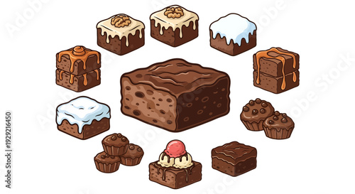 Set of chocolate brownie and muffin variations with different toppings, sweet bakery dessert vector illustration isolated on white
